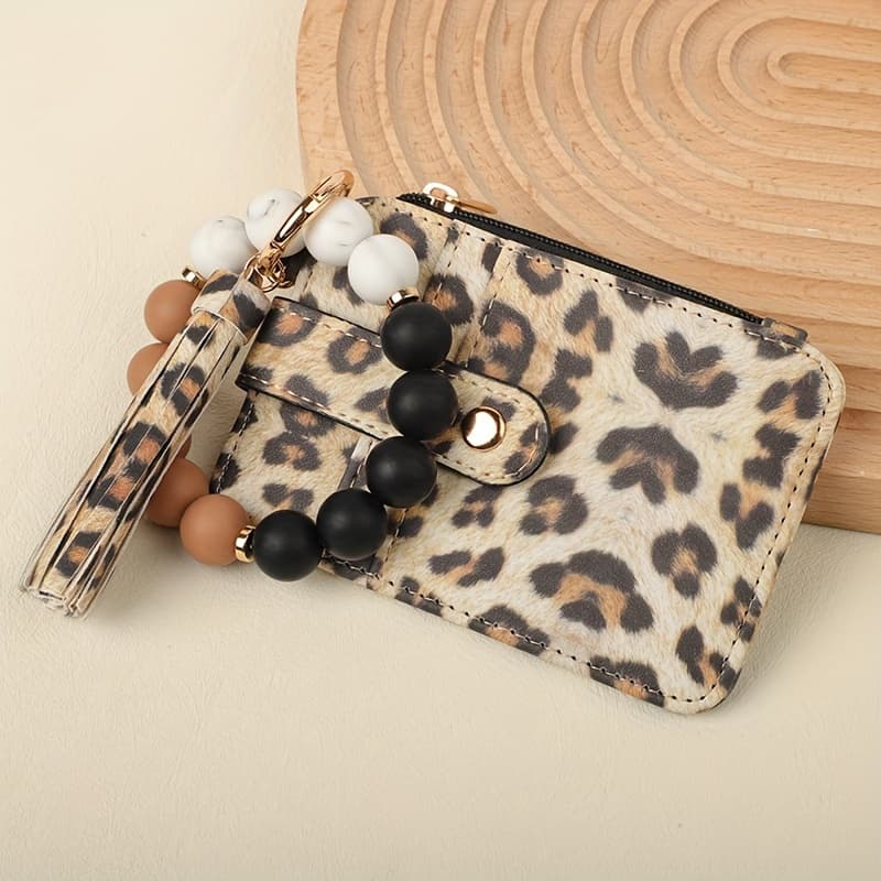 TEMU 1pc Fashionable Beaded Western Cowboy Card Holder Wrist Keychain Women's Purse Card Cover Detachable Leopard Print Brown Pu Card Holder Wrist Key Ring Gift For Gift For Mom Coin Purse Card Holder