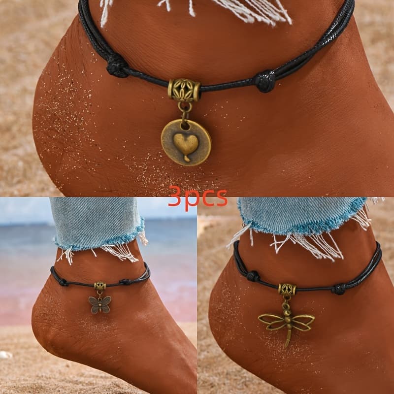 TEMU 3pcs Dragonfly/ / Love Pendant Woven Ankle Set, Women's Personalized Drawstring Ankle Bracelet For Summer Beach Travel