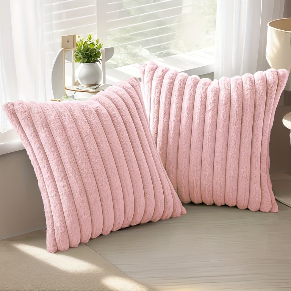 TEMU 2pcs Soft & Fur Throw Pillow Covers, 18x18 Inches - Plush Striped Cushion Cases With Zipper Closure For Sofa, Bedroom Decor - Hand Washable