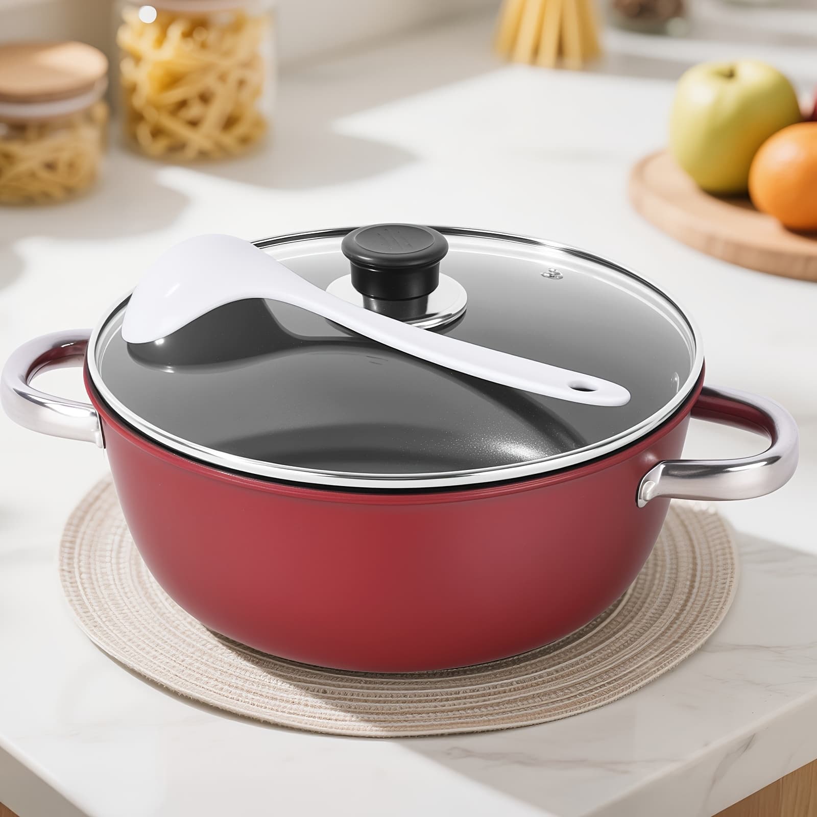 TEMU Red Nonstick Cooking Pot With Lid, 10 Inch Stone-derived With For Heating, Induction-compatible For , Boiling Dinners, Ideal For Home Cooks And Holiday Gifts
