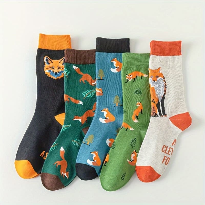 TEMU 5 Pairs Of Trendy Cartoon Fox Tube Socks, Perfect For Women's Fall Wear