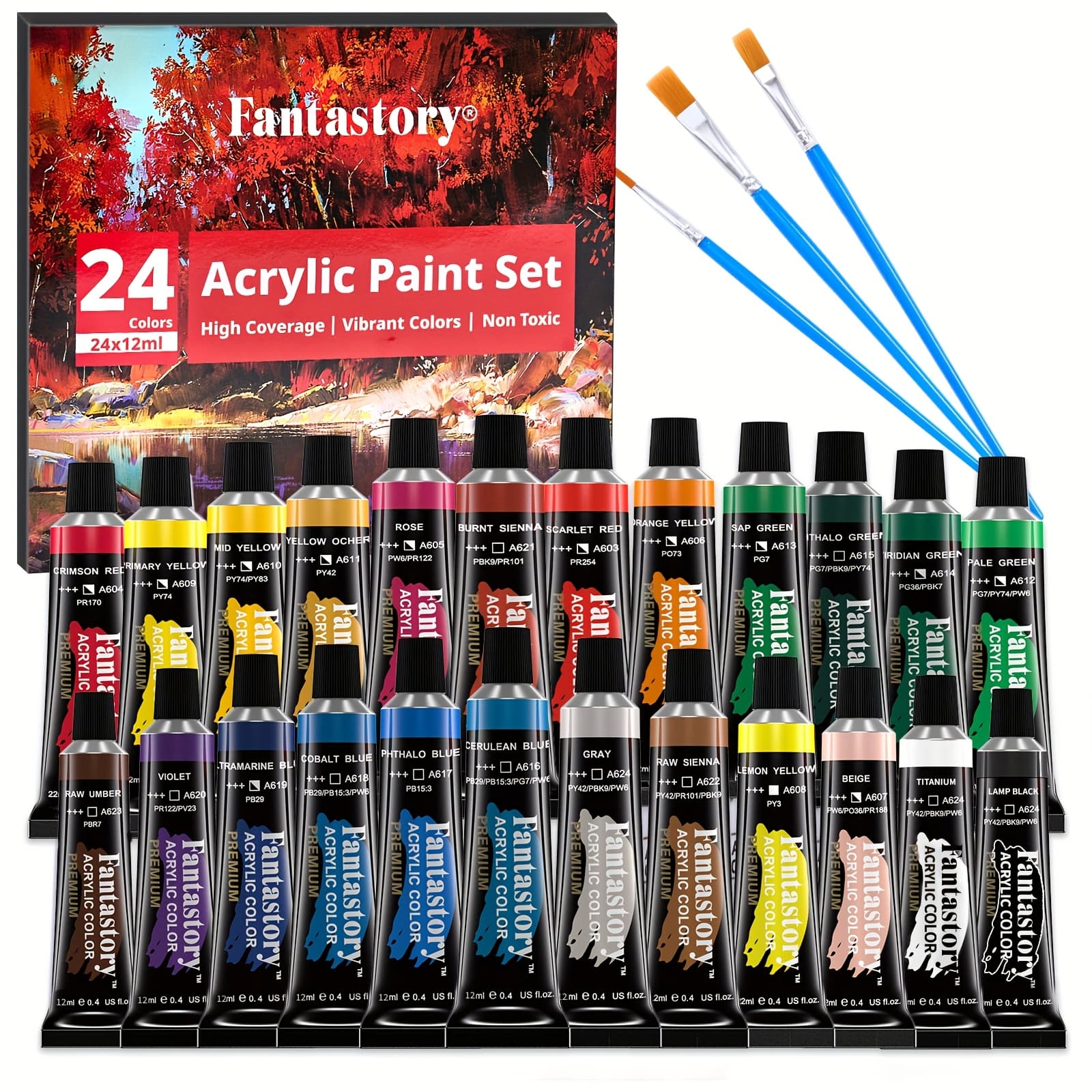 TEMU 24 Colors Fantastory Acrylic Paint Set, Crafts Art Supplies, Non Fading, Non Toxic Black White Paints For Adults On Canvas, Wood, Ceramic With 3 Brushes, Christmas, Halloween