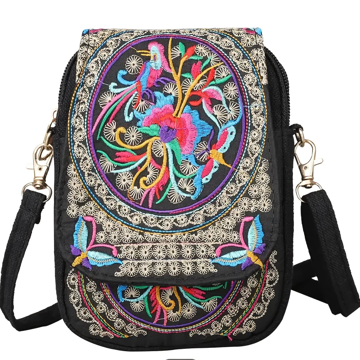 TEMU Mini Flower Embroidered Crossbody Bag, Vintage Ethnic Style Shoulder Bag, Bohemian Handbag & Purse Wallet
