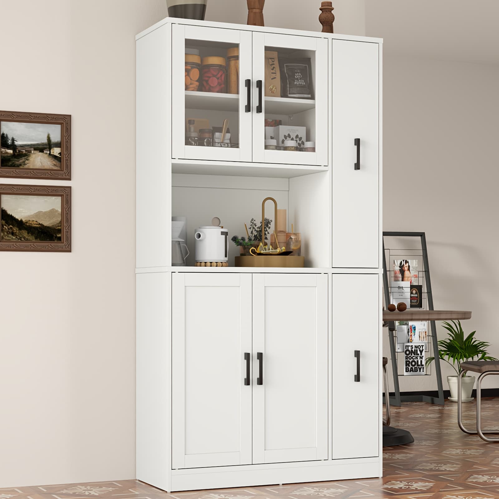 TEMU Kitchen Pantry Cabinet With Drawer, Kitchen Pantry Storage Cabinet With Glass Door, Freestanding Tall Food Hutch With Microwave Stand For Dining Room