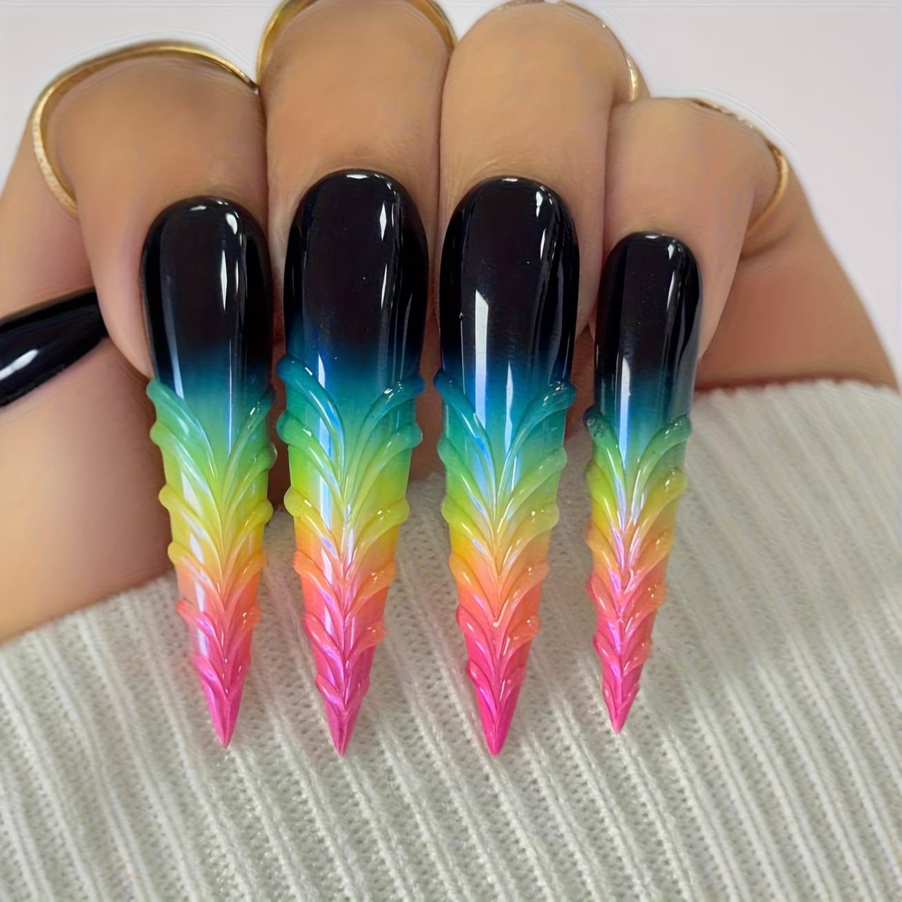 TEMU 24pcs Chinese Almond-shaped Fake Nails, 3d Three-dimensional Relief French Colorful Gradient Wearing Nail Design, Glossy Detachable Fake Nails