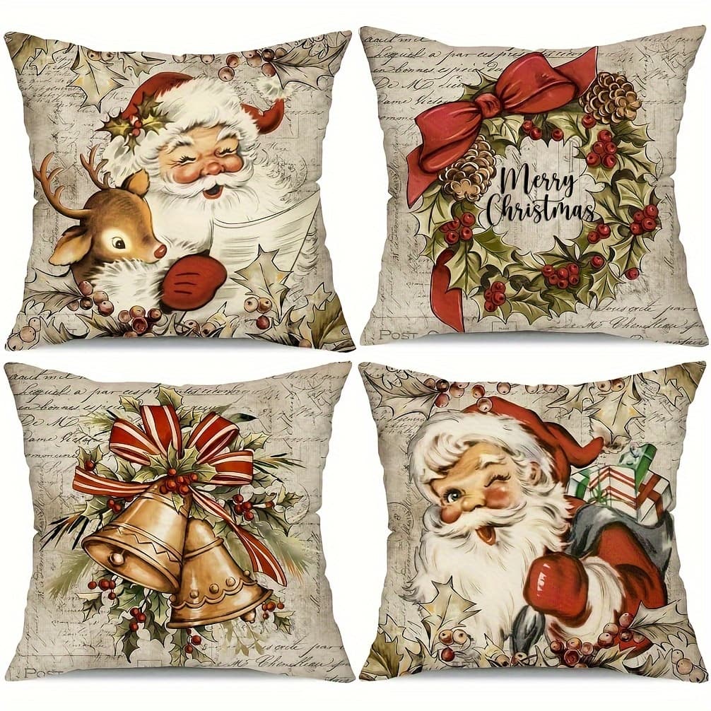 TEMU 4pcs Vintage Christmas Pillowcase Set 18x18 Inch, Santa Claus & Reindeer Design, Geometric Pattern, Zip Closure, Machine Washable Blend For Home Decor - Suitable For Room Types