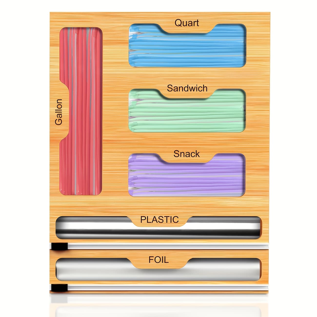 TEMU Bamboo Bag Organizer And Foil And Plastic Wrap Organizer Aluminum Foil Organization And Storage Plastic With Cutter For Kitchen Drawer For Gallon Quart Sandwich Snack Kitchen Supplies