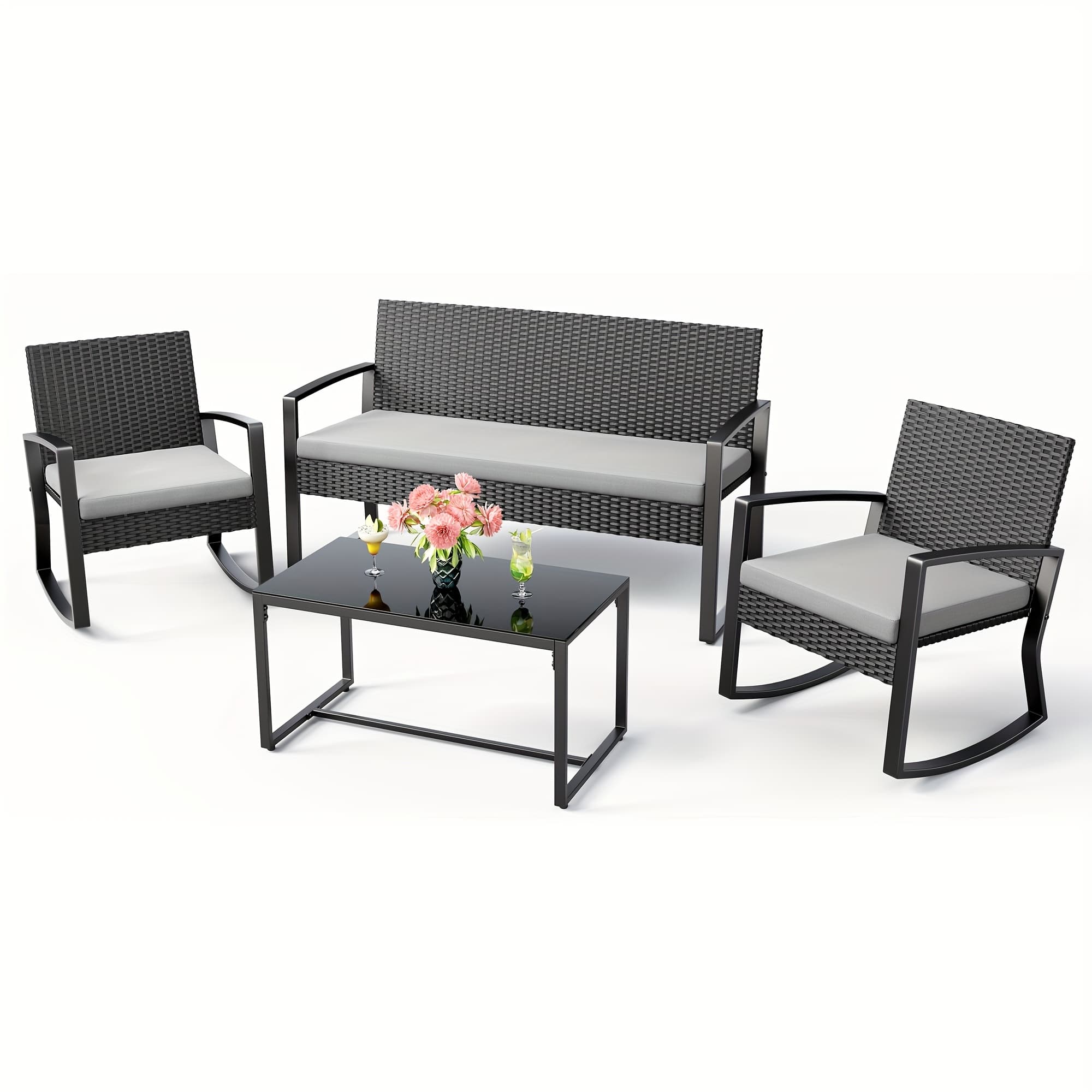 TEMU 4pcs Wicker Patio Set With Glass Coffee Table, Loveseat, And 2 Rocking Chairs For Backyard, Balcony, Or Porch (grey)