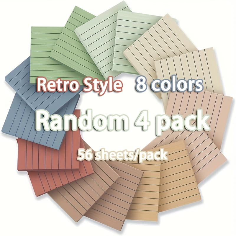 TEMU 4pcs Vintage Style 3x3 Inch Lined Self-stick Notes, 8 Color High Adhesive Sticky Note Pads For School, Office, And Home Use - Reusable And Pads (random Color)