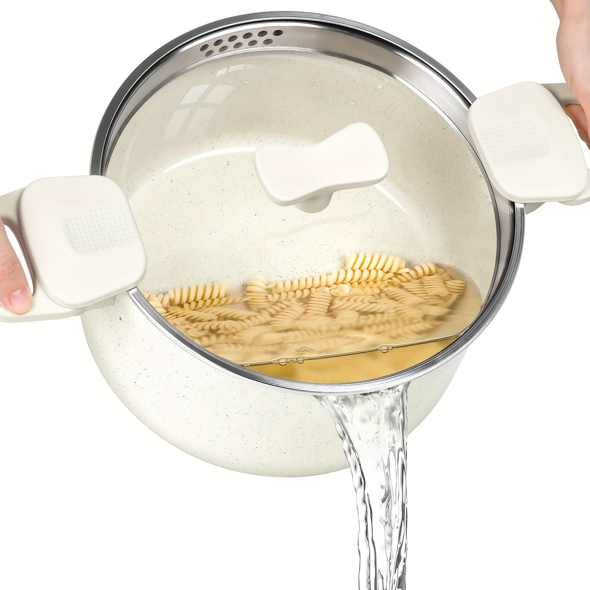 TEMU With Strainer Lid, 6 Quart Multipurpose Pot With Twist And Lock Handles, Soup Pot With Nonstick Granite Coating, Spaghetti Pot Induction Compatible, White