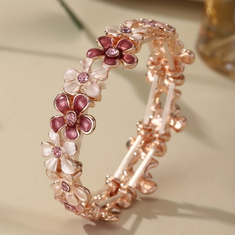 TEMU 1pc Fashion Elegant Pink Flower Elastic Bangle Bracelet For Women Accessories Spring Summer Rose Golden Bangles Daily Party Prom Vacation Holiday Gift