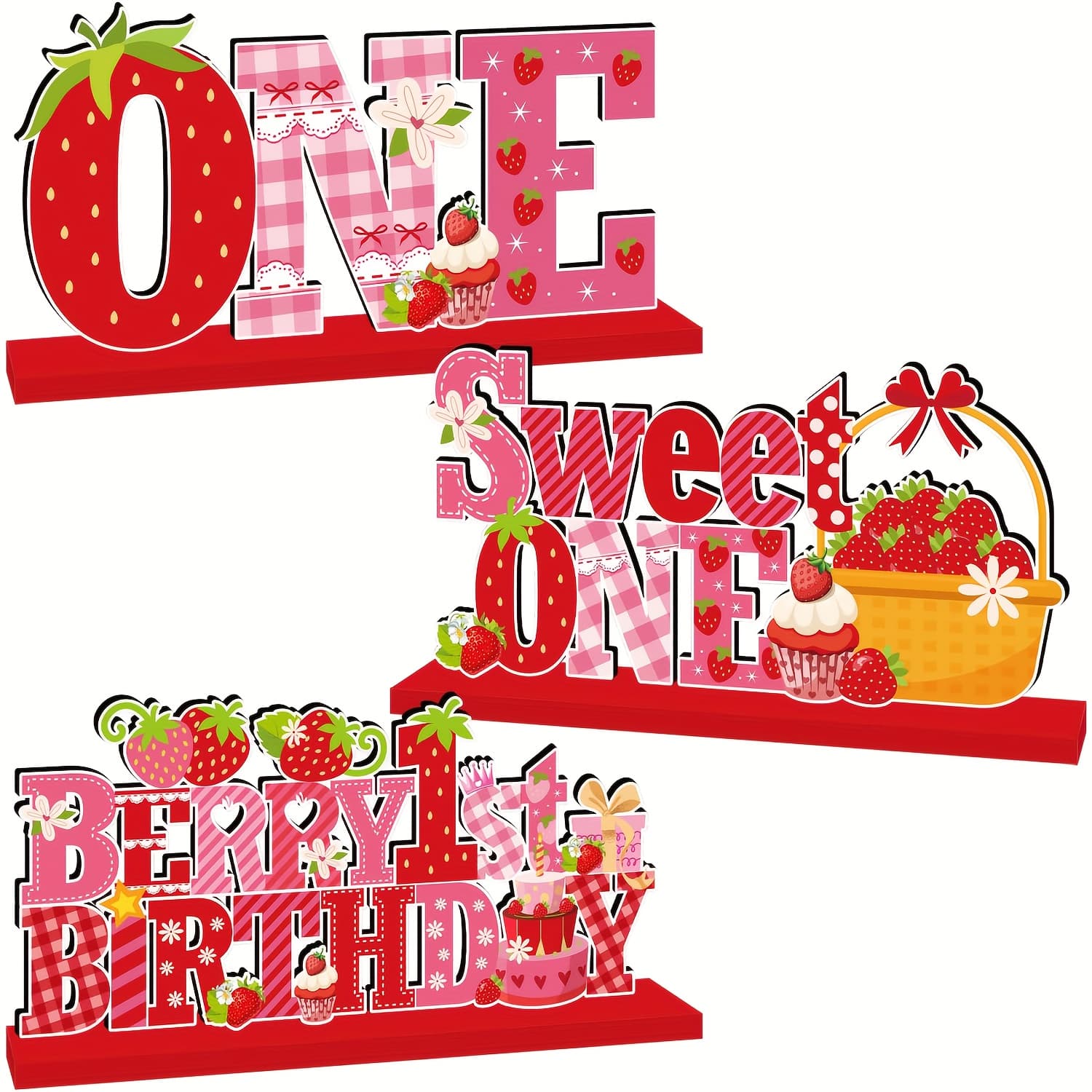 TEMU 3 First Birthday Wooden Decorations, Strawberry Centerpiece, First Birthday Party Decorations, Strawberry Theme Table Sign