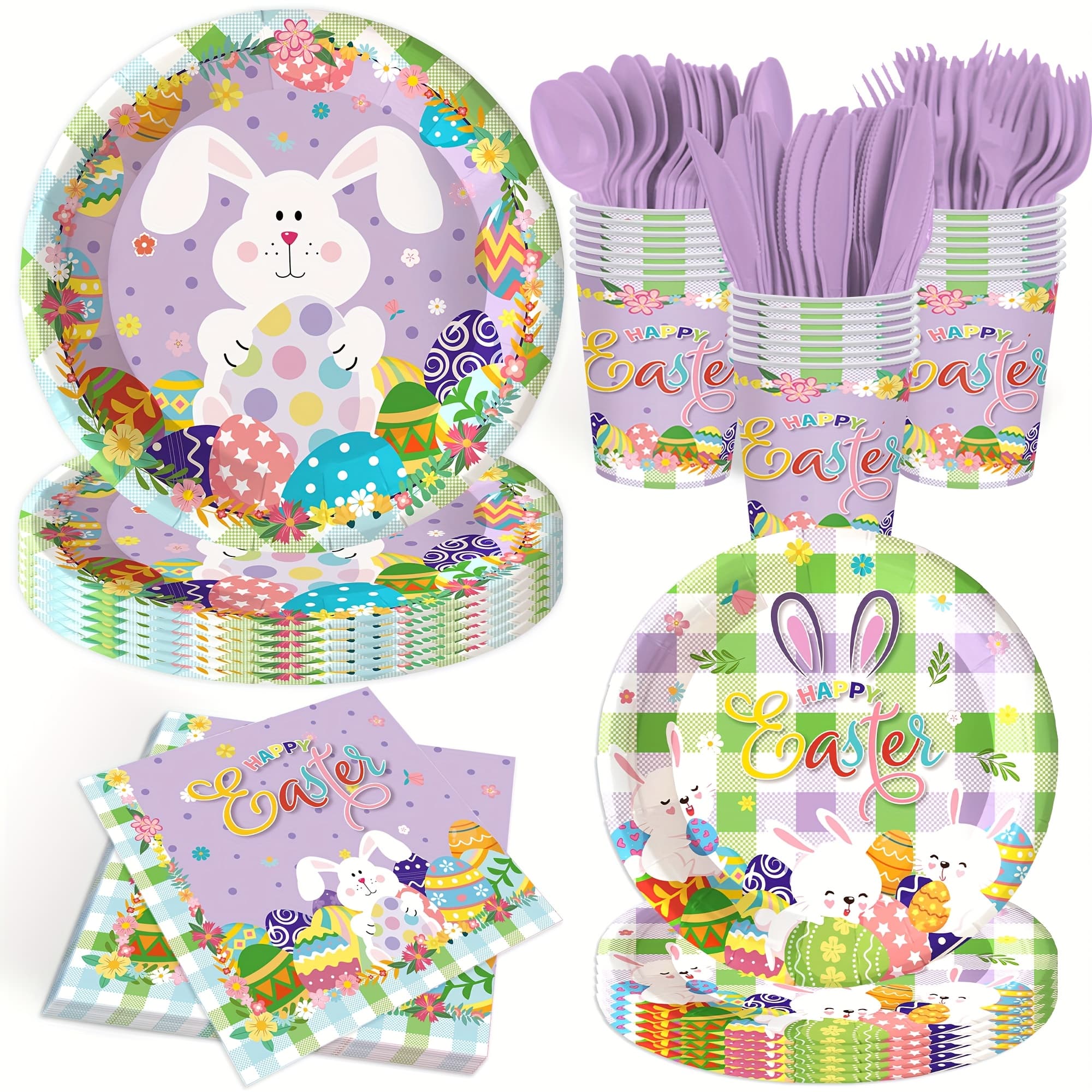 TEMU 140pcs Set Of Tableware For Easter Celebrations, Featuring Disposable Plates And Napkins With Colorful Bunny And Egg Designs, Suitable For Serving 20 Guests