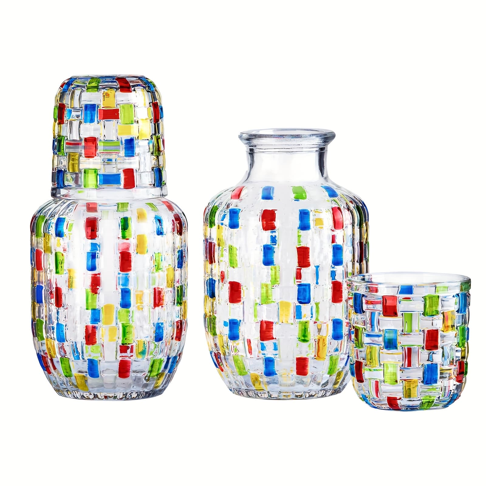 TEMU Hand-painted Glass Carafe Set Of 2, 16oz Embossed Water Pitcher With Cup Lid, N Bedside Nightstand Carafe, Decorative Mouthwash Bottle Or Flower Vase For Bathroom, Bedroom, Or Gift