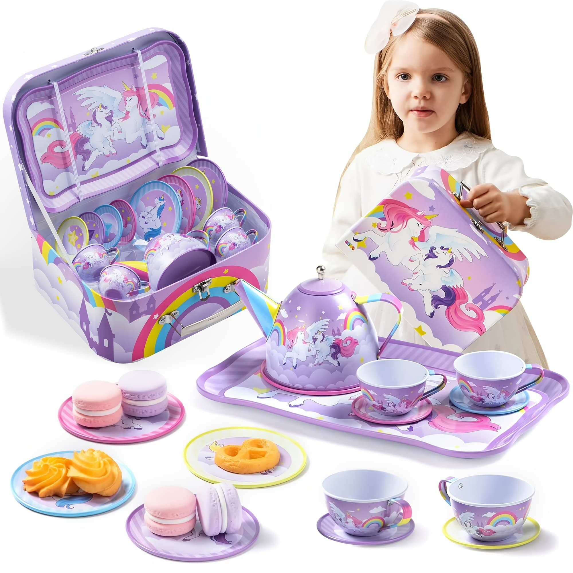 TEMU Unicorn Party Set For Little Girls: Purple Tin Teapot + Cups + Plates, Pretend Play Kitchen Toys For Kids, Perfect Easter/birthday Gift For Kids Girls, Multi-item Party Favor Packs For Children