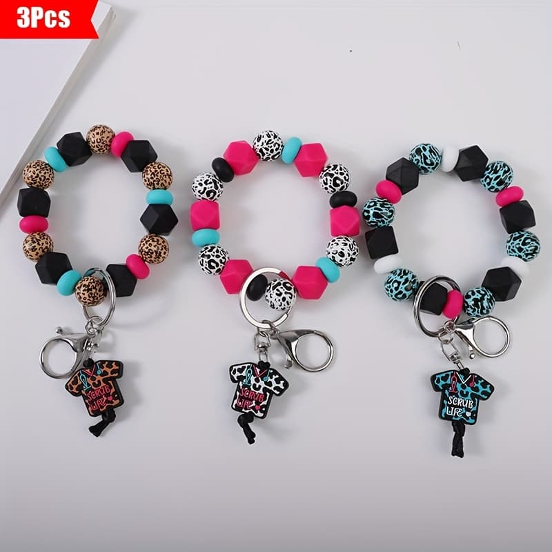 TEMU Set Of 3-6pcs Featuring A Minimalist Leopard Print Silicone Bead Keychain, Ideal For Doctor Uniforms, Staff Silicone Bead Pendant Additions, Perfect As A Gift For Day