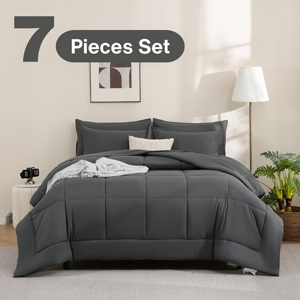 TEMU 5/7pcs Queen Comforter Set - Bed In A Bag Set, Bedding Sets With Box Stitches All Season Quilted Comforter, Flat Sheet, Fitted Sheet, Pillowcases, Queen/king , Local Warehouse