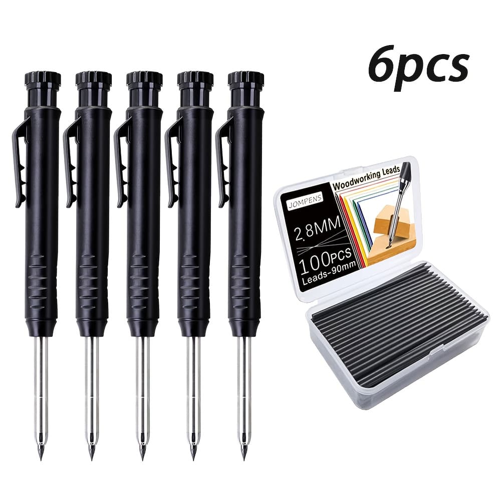 TEMU 6pcs/set Mechanical Woodworking Marking Pencil Set, With 100pcs/box Leads, Suitable For Carpenters And To Draw Deep Hole Marking Tools, Fine Writing Tool(5pencils+1box Of Leads)