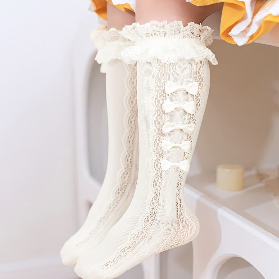 TEMU 1 Pair Girls' Lace Bowknot Mid-calf Socks For School And Party Attire