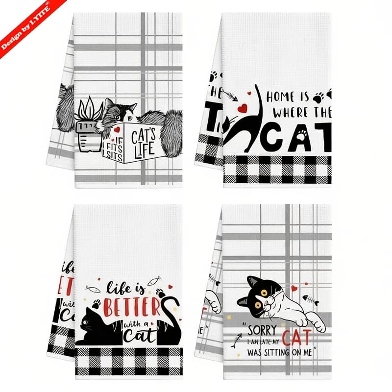 TEMU Of 4 Humorous Kitchen Towels Featuring A Modern Black Cat Design - Made From Microfiber, Decorative Tea Towels Are Absorbent, Resistant To Fading, Machine Washable