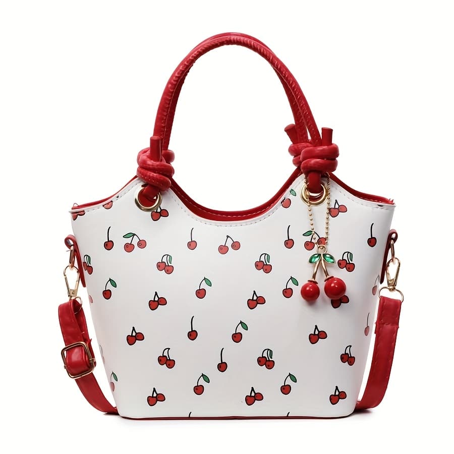 TEMU ' Korean Style Handbag With Cherry - Korean Crossbody Bucket Bag, Nylon & Zipper Closure, Versatile Tote For Travel, Commuting, Shopping - Korean Fashion Shoulder Bag Suitable For Everyday Use &