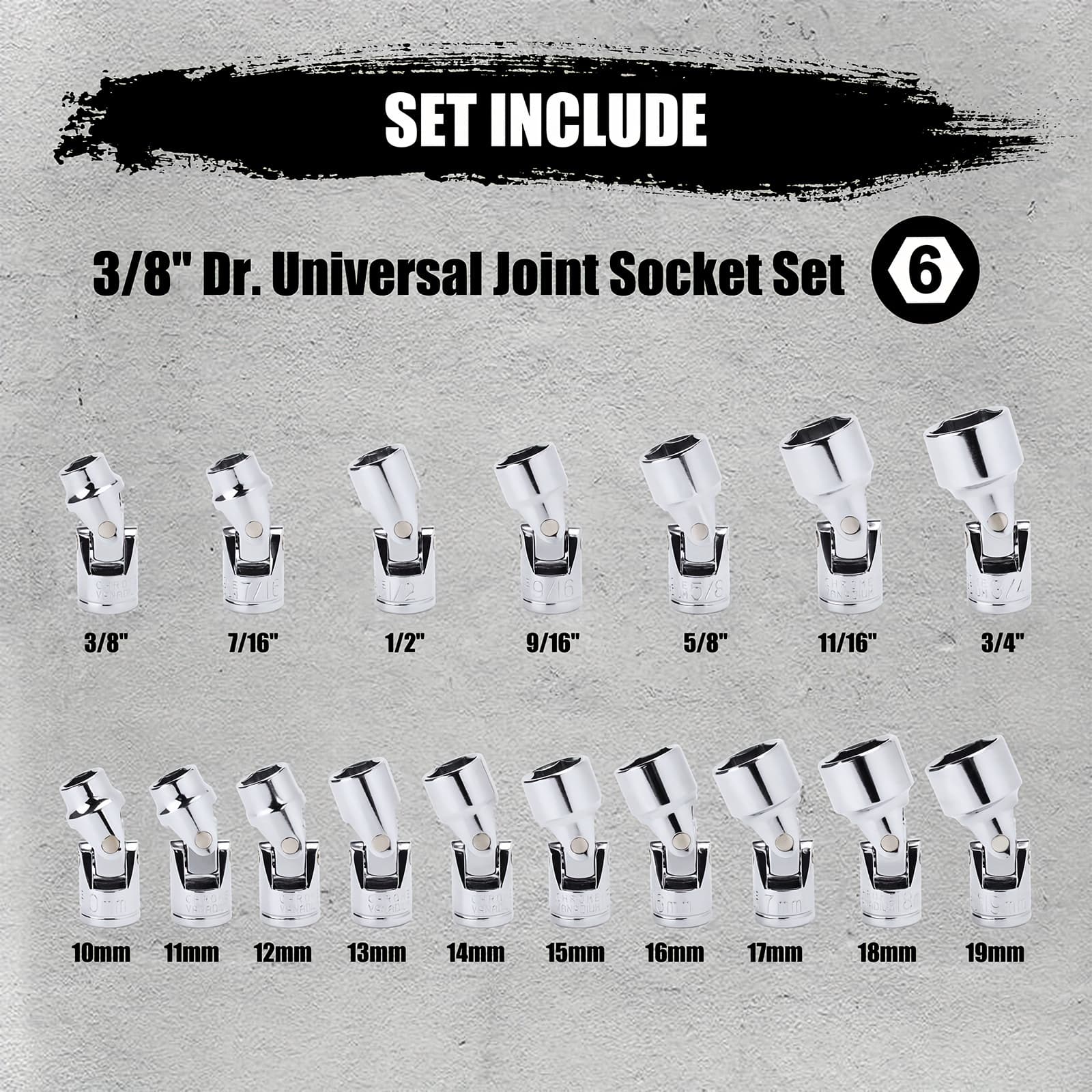 TEMU 1/4"drive/ 3/8"drive Flex Universal Socket Set, , Metric/sae, 10-19mm, 3/8"-3/4", 5-15mm, 3/16"-9/16", 6 Point, 360 Rotation, Wobble Universal Socket Set, Socket, Silvery, Chrome Finish