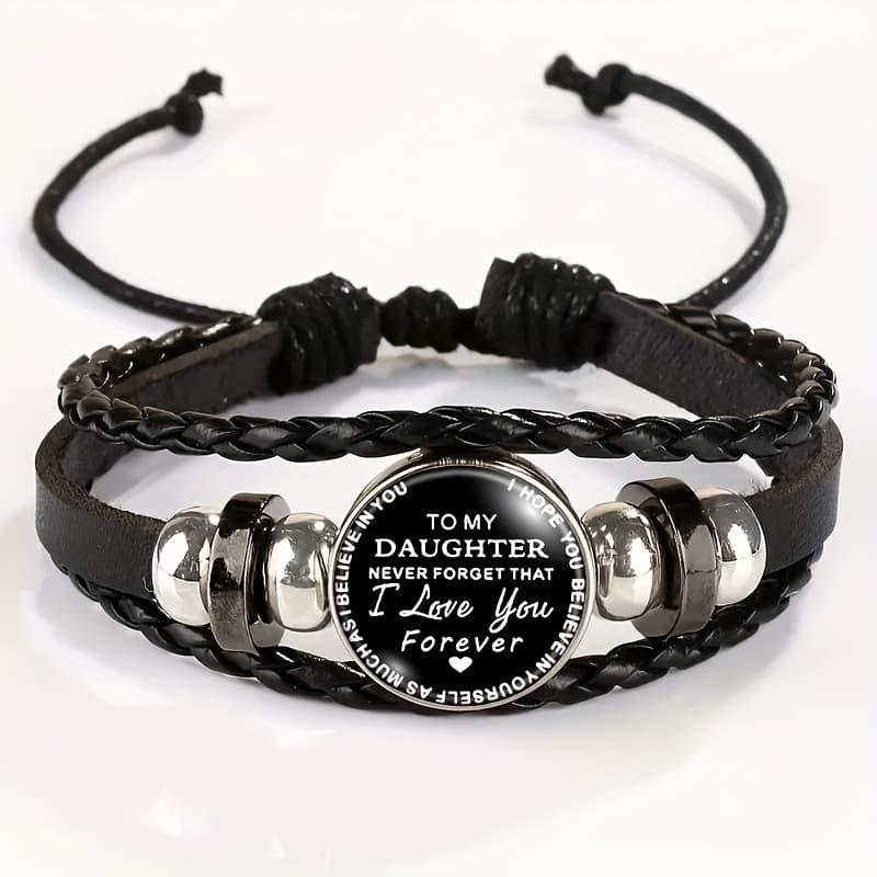 TEMU Adjustable Vintage Bohemian Bracelet With "to My Daughter" Love Pendant - Black Faux Leather Wristband, Mixed , Everyday Jewelry Gift For Mom, Grandma,, For Teenager