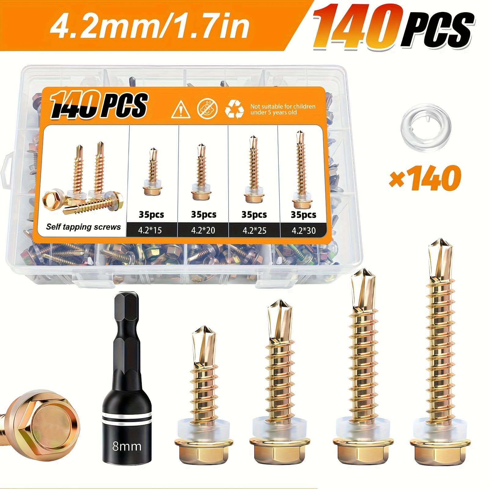 TEMU 140/260pcs Galvanized #8 Hex Washer Head Tek Self-tapping Screws, Includes Hex Nut Socket And Sealing Washers. Versatile, Durable Metal Fasteners Suitable For, Furniture, , And Household Use