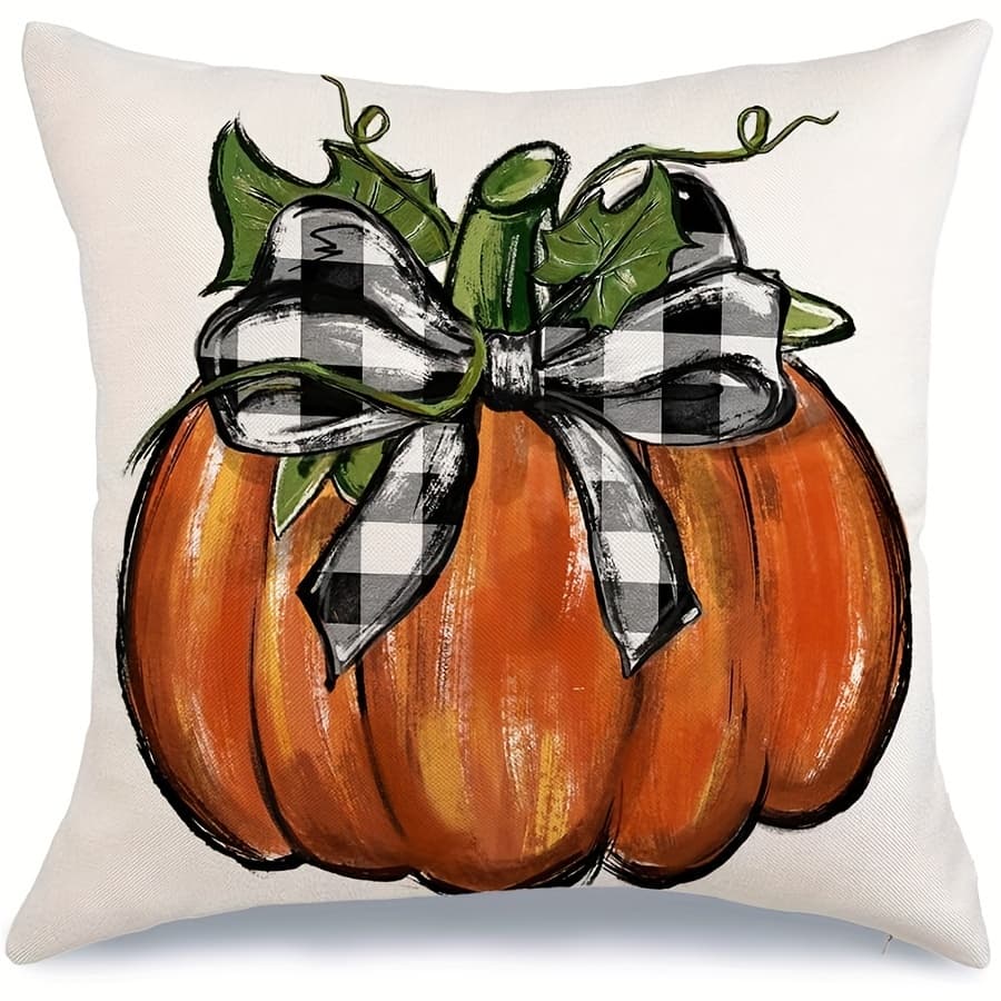 TEMU 18x18" Linen Fall Pillow Cover With Pumpkin & Bows - Perfect For Autumn, Thanksgiving & Farmhouse Decor