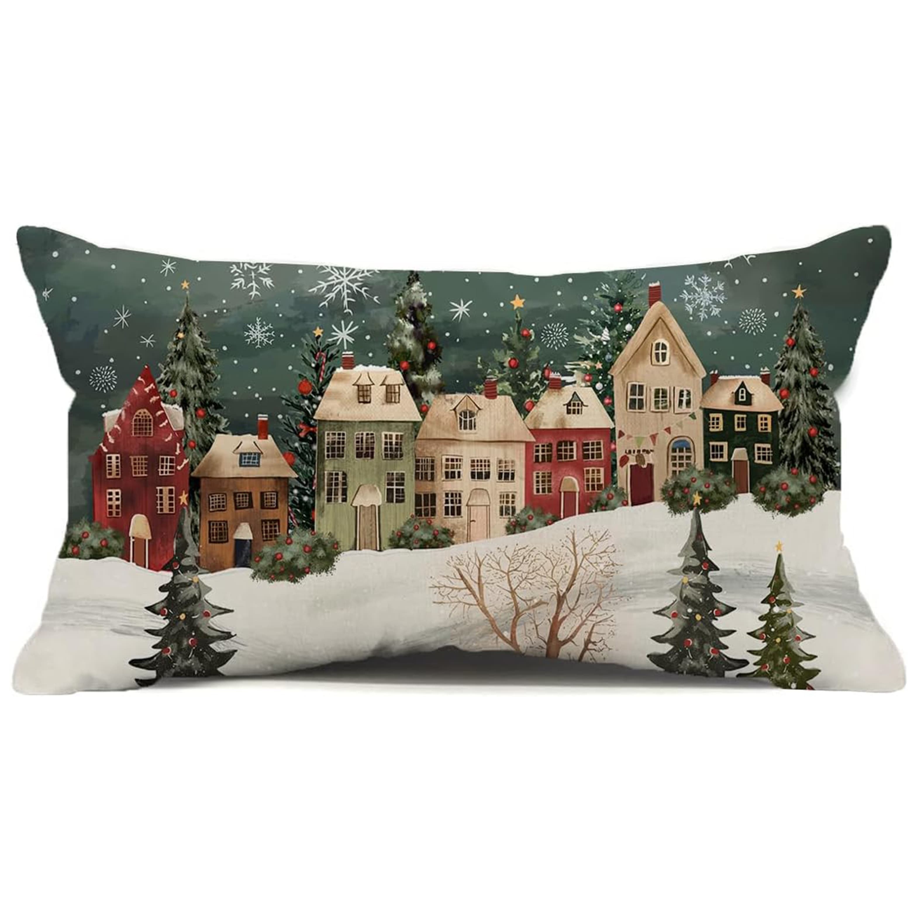 TEMU 1pc Vintage Winter Lumbar Pillow Cover – Cozy Snowy & Snowflake Design, Christmas Farmhouse Decor, Polyester Zippered For Porch Or Home (single Side, No Insert), Winter Decor