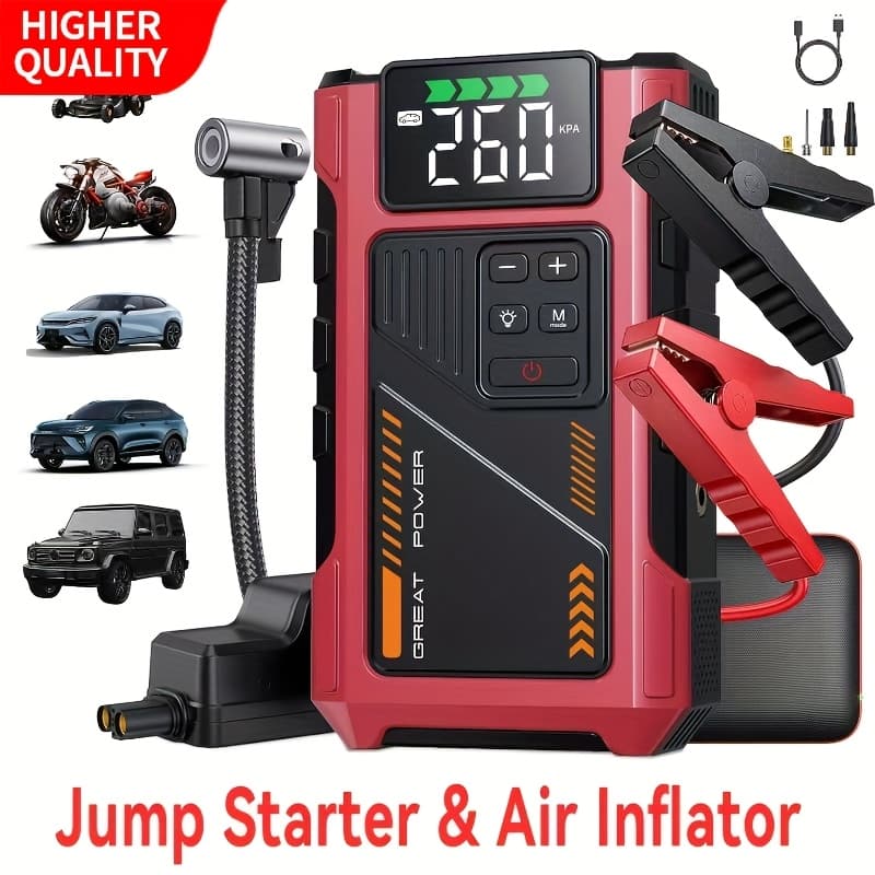 TEMU Portable Car Jump Starter With Air Compressor, Suitable For 12v(8.0l Gas, 6.5l ) Jump Packwith150 Psl Tire Inflator, 12v Car Battery With Led Light, Car Accessories Tools, Car , Jump Starters