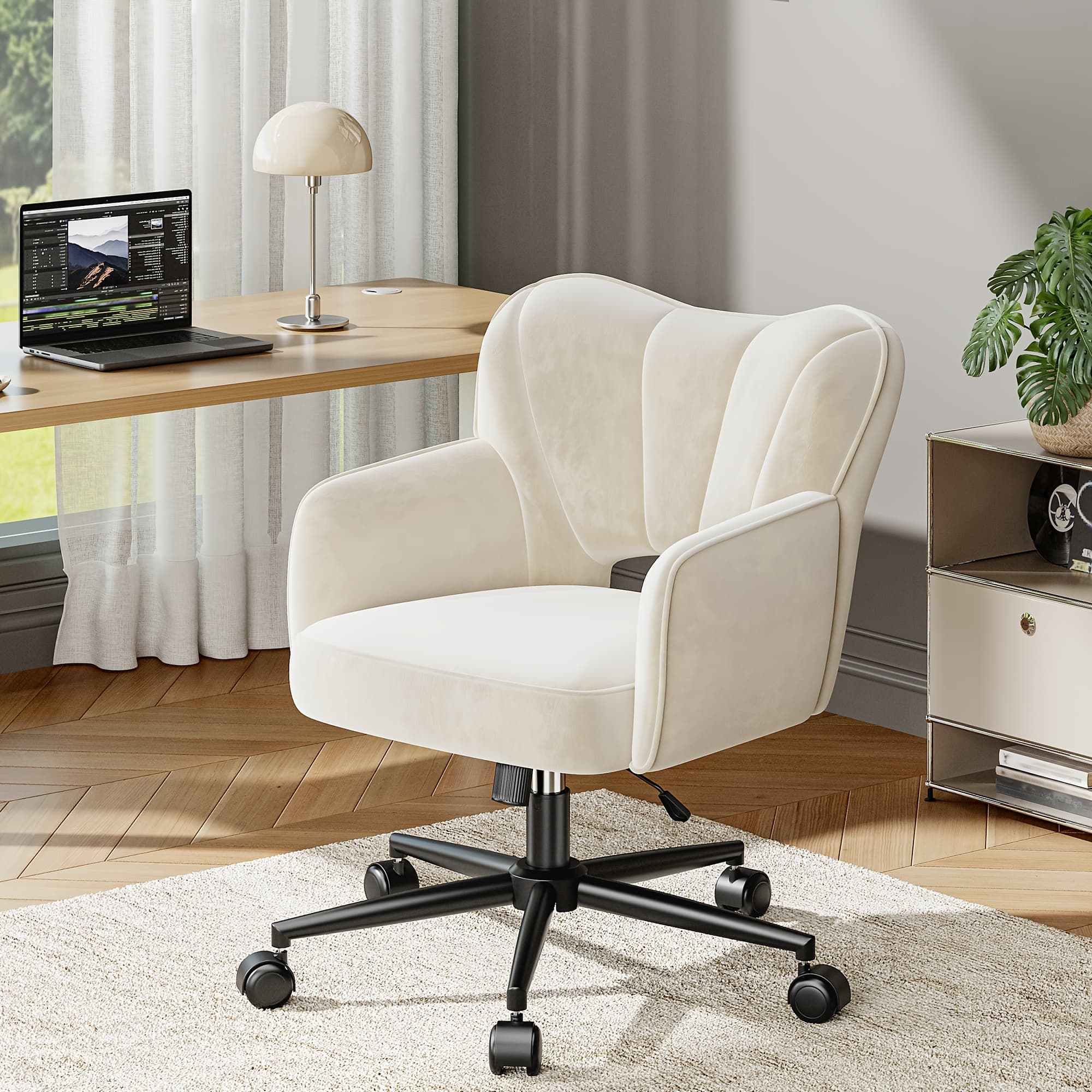 TEMU Home Office Chair With , Material, Thickened Seats, Modern Cute Vanity Chair With Adjustable Height Back, Upholstered Comfy Desk Chairs With Pu Wheels For Bedroom, Black, White, Gray, Pink