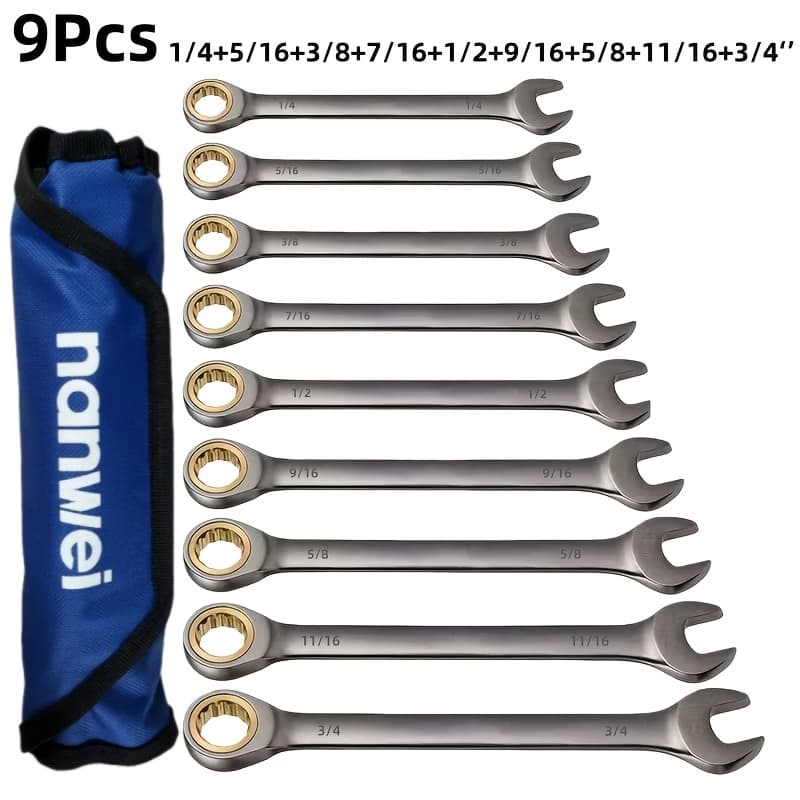 TEMU 9pcs Ratchet Wrench Set | Professional Auto Repair Tool, Sae Sizes 1/4, 5/16, 3/8, 7/16, 1/2, 9/16, 5/8, 11/16, 3/4", Chrome Vanadium Steel, Nickel-plated And Blackened