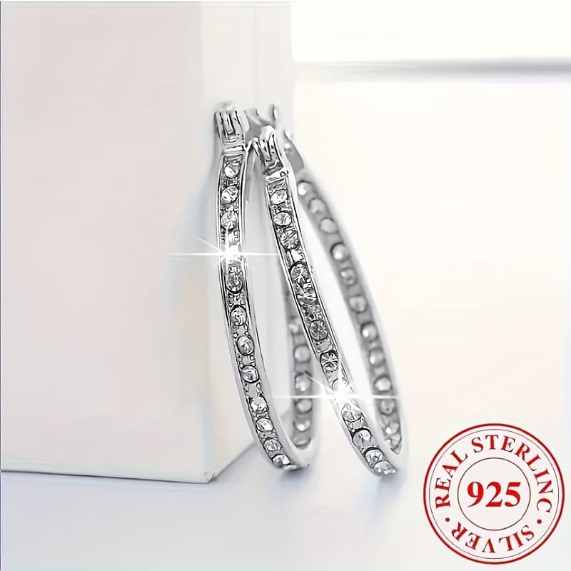 TEMU Elegant 925 Sterling Silver Large Shiny Earrings, Weddings And Parties, Synthetic Cubic Stone