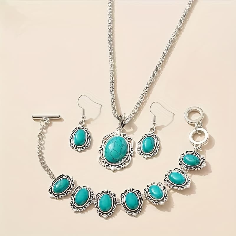 TEMU Set Of 4pcs Including Pendant Necklace, Bracelet, And Earrings In A Bohemian Vintage Ethnic Style
