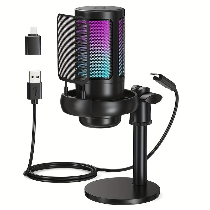 TEMU Usb Microphone For Computers, Ideal For , Videos, And Streaming. Features A Condenser Mic With Mute Option, A Tripod Stand, A Pop Filter, An Rgb Indicator, A Shock Mount
