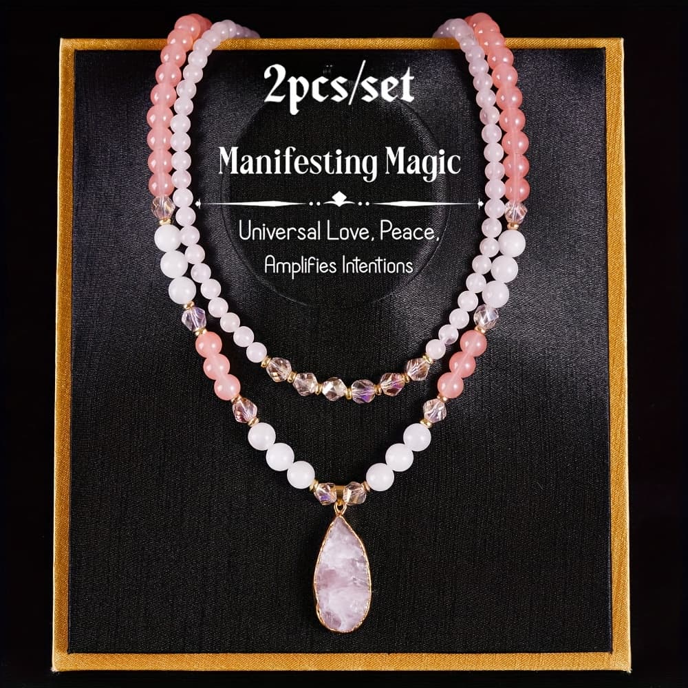TEMU 2pcs/set Double-layer Stacking Beaded Necklace, Quartz Amethyst Pendant Necklace Set, Women Show Magic , Jewelry Gift