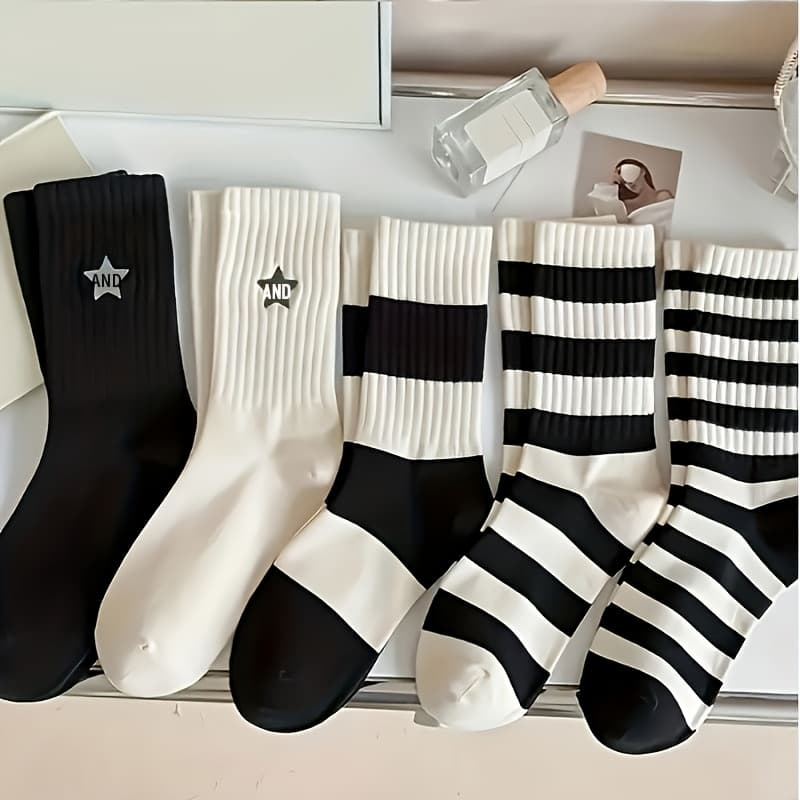 TEMU 5 Pairs Of Women's Letter Striped Mid-tube Socks, Spring And Summer Thin, Suitable For Outdoor Leisure Sports Sweat Absorbent Stockings.