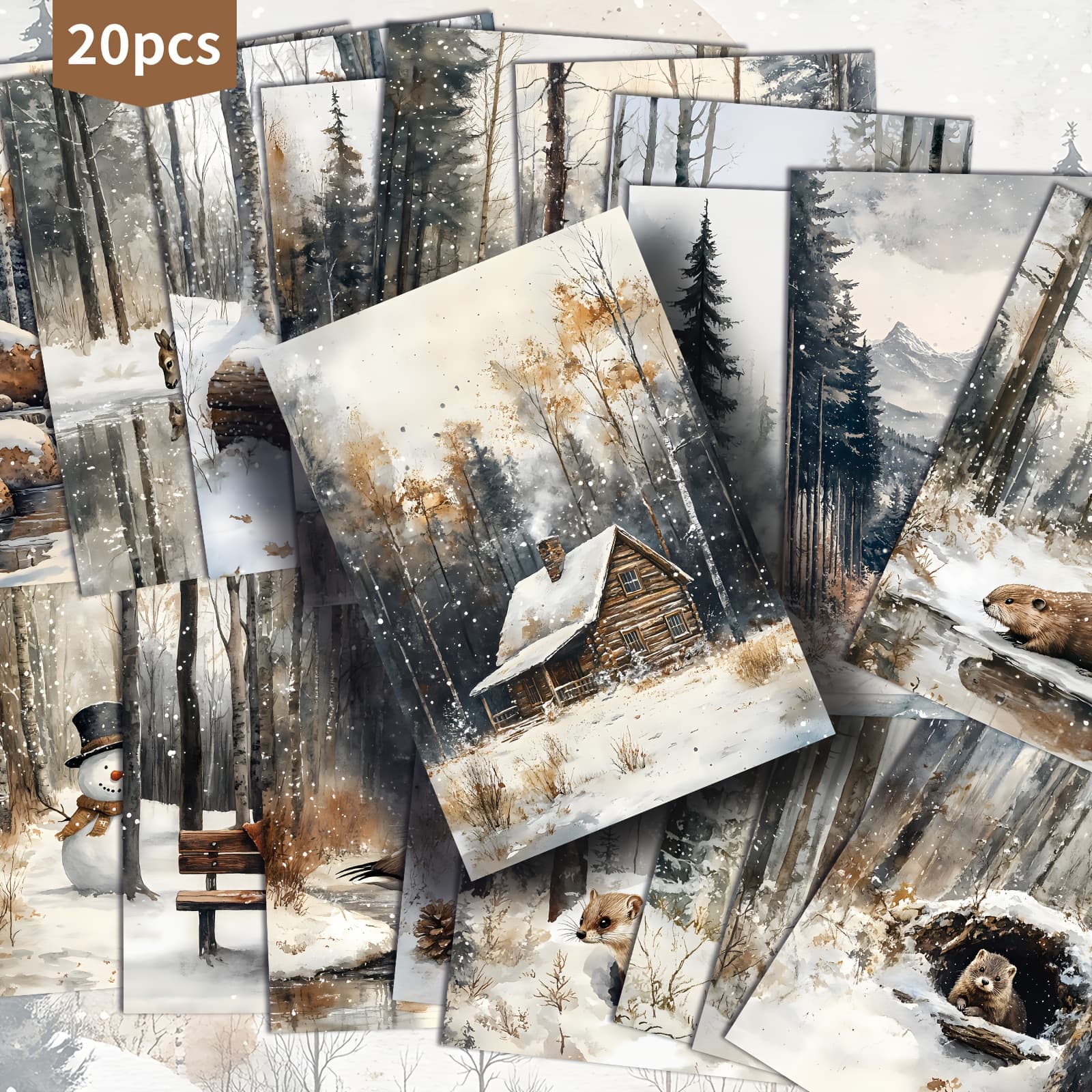 TEMU 20 Pack Vintage Cabin And Animals Paper Postcards - 4x6 Inches Winter Junk Journal Paper, Classic Pinup Illustrations, Collectible Decorative Painting Cards For Scrapbooking & Crafting