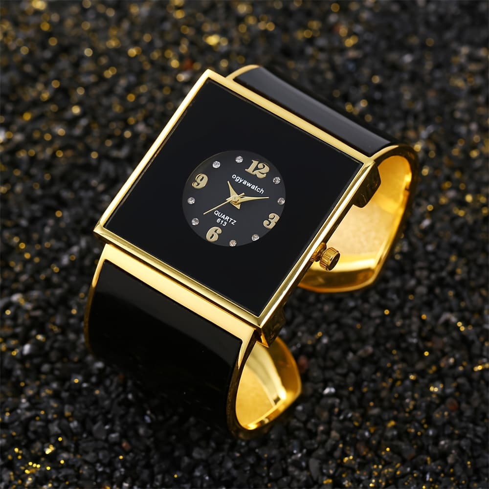 TEMU High-end Luxury Women's Golden Bracelet Watch, Rectangular Shape Round Dial Quartz Watch