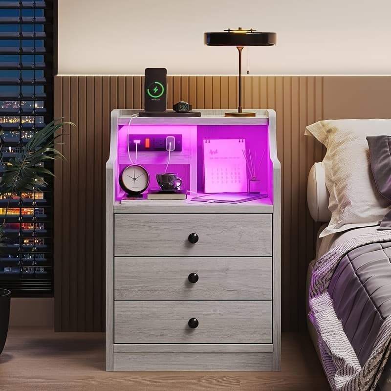 TEMU Modern Bedroom Nightstand With Hidden Drawer | 16-color Adjustable Led, Charging Station, And Open Storage, White