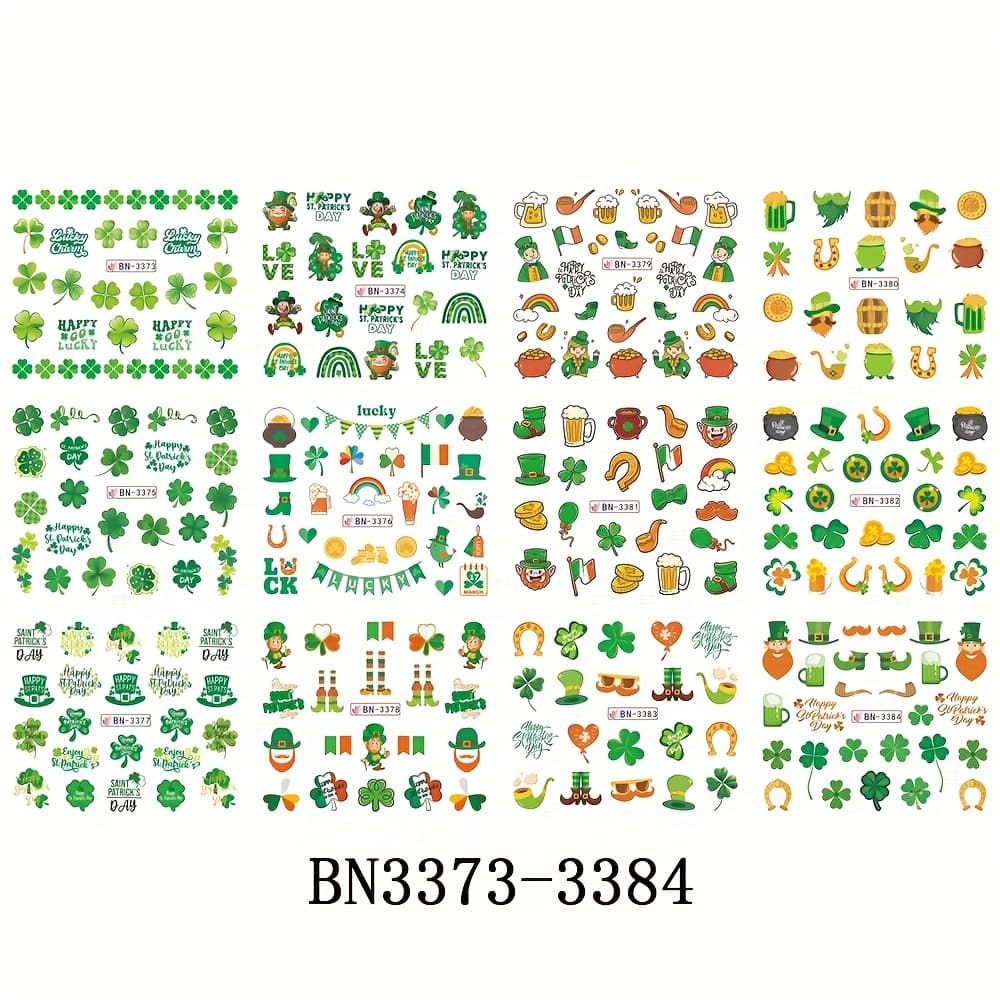 TEMU 12pcs Clover Nail Art Sticker Set - Irish 's Day Abstract Pattern Water Transfer Decals, Nail Charms And Accessories For Women & S