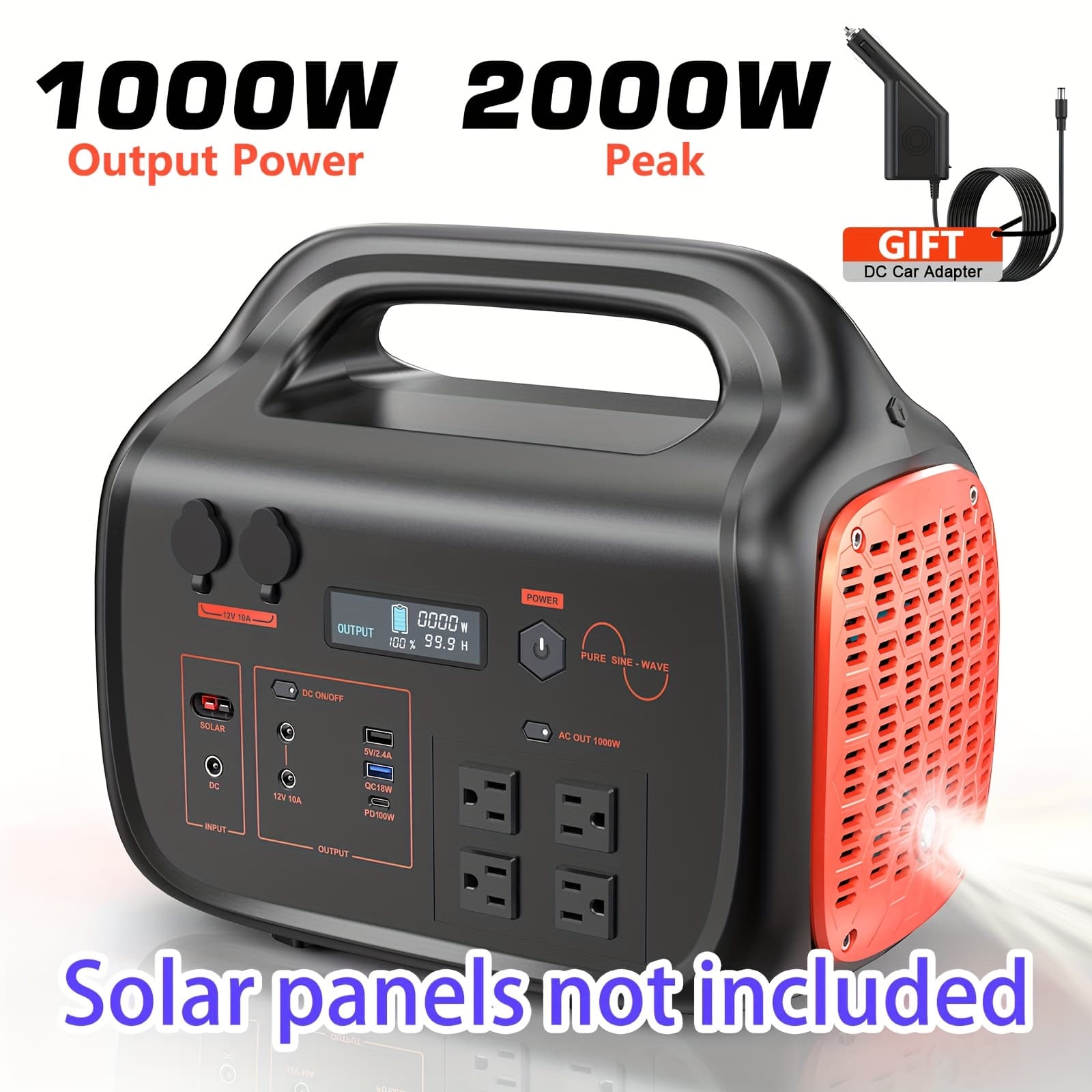 TEMU Portable Power Station, 1000w Solar Generator, 1075wh Backup Lithium Battery, 120v/1000w Ac Outlet, Solar Powered Generator For Rv Camping Outdoor Hiking Fishing Emergency