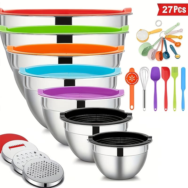 TEMU 27pcs Stainless Steel Mixing Bowls Set With Airtight Lids - Nesting Prep Bowls For Baking And Cooking
