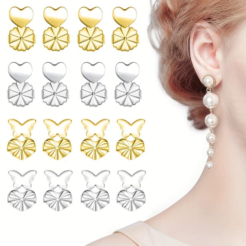 TEMU 8 Pairs (16pcs) Earring Lifters Earring Backs For Ears Adjustable Earring Back Replacement For Heavy Stud Earrings, And Love Heart 2 Styles 2 Colors For Your Matching
