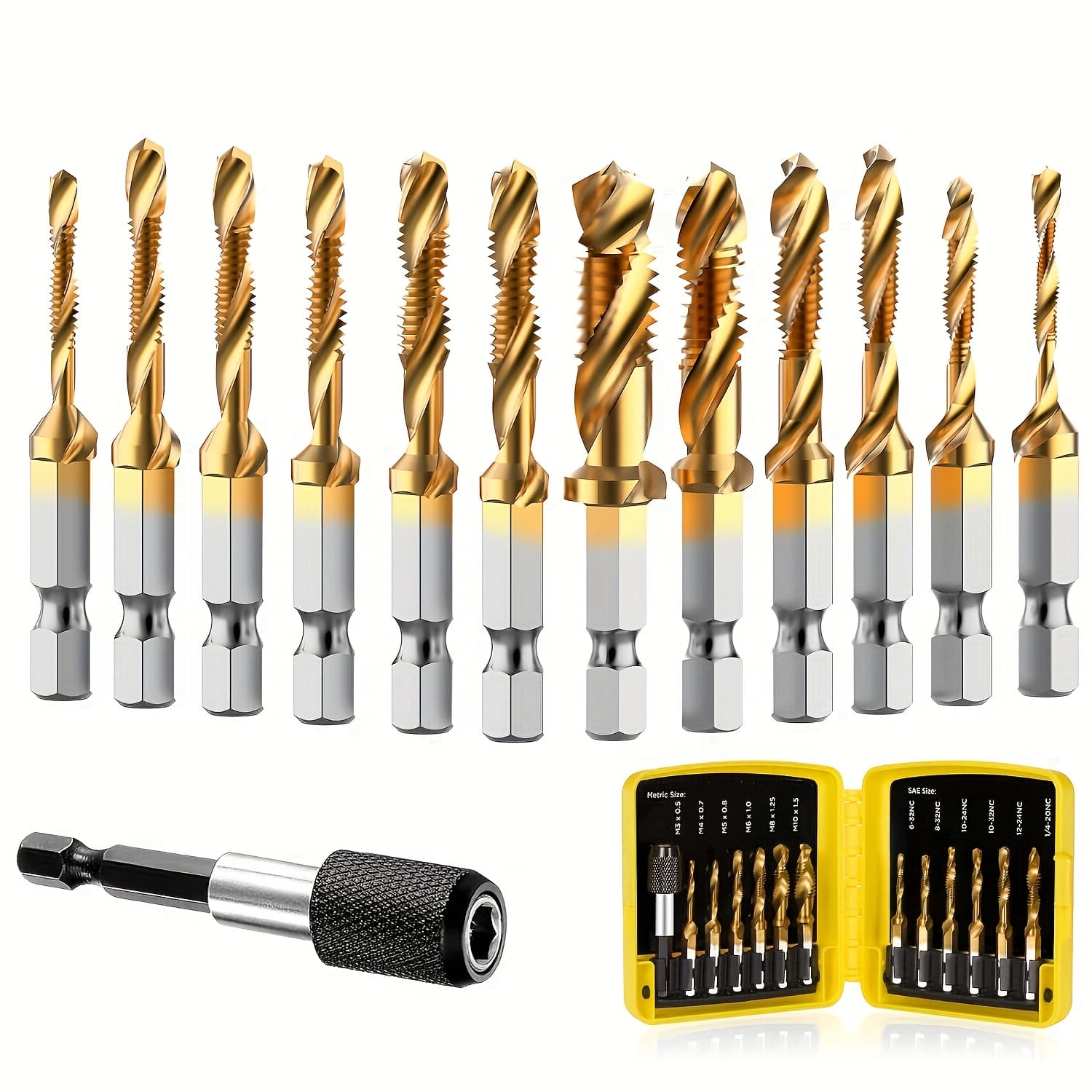 TEMU 13pcs Drill Tap Bit Kit Featuring A 3-in-1 -coated Tool For Drilling, Tapping, And Countersinking, Complete With A Adapter, In Sae And Metric Sizes