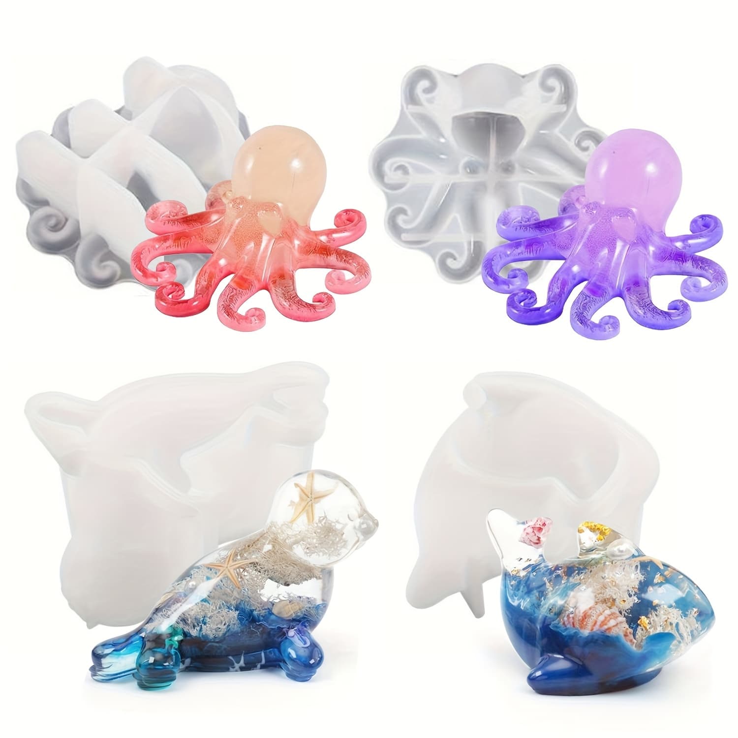 TEMU Set Of 4 Silicone Molds Featuring Marine Creatures - Of An Octopus, Seal, And Whale For Crafting, Resin Pouring, And Plaster Work - Ideal For Home And Table Decor!