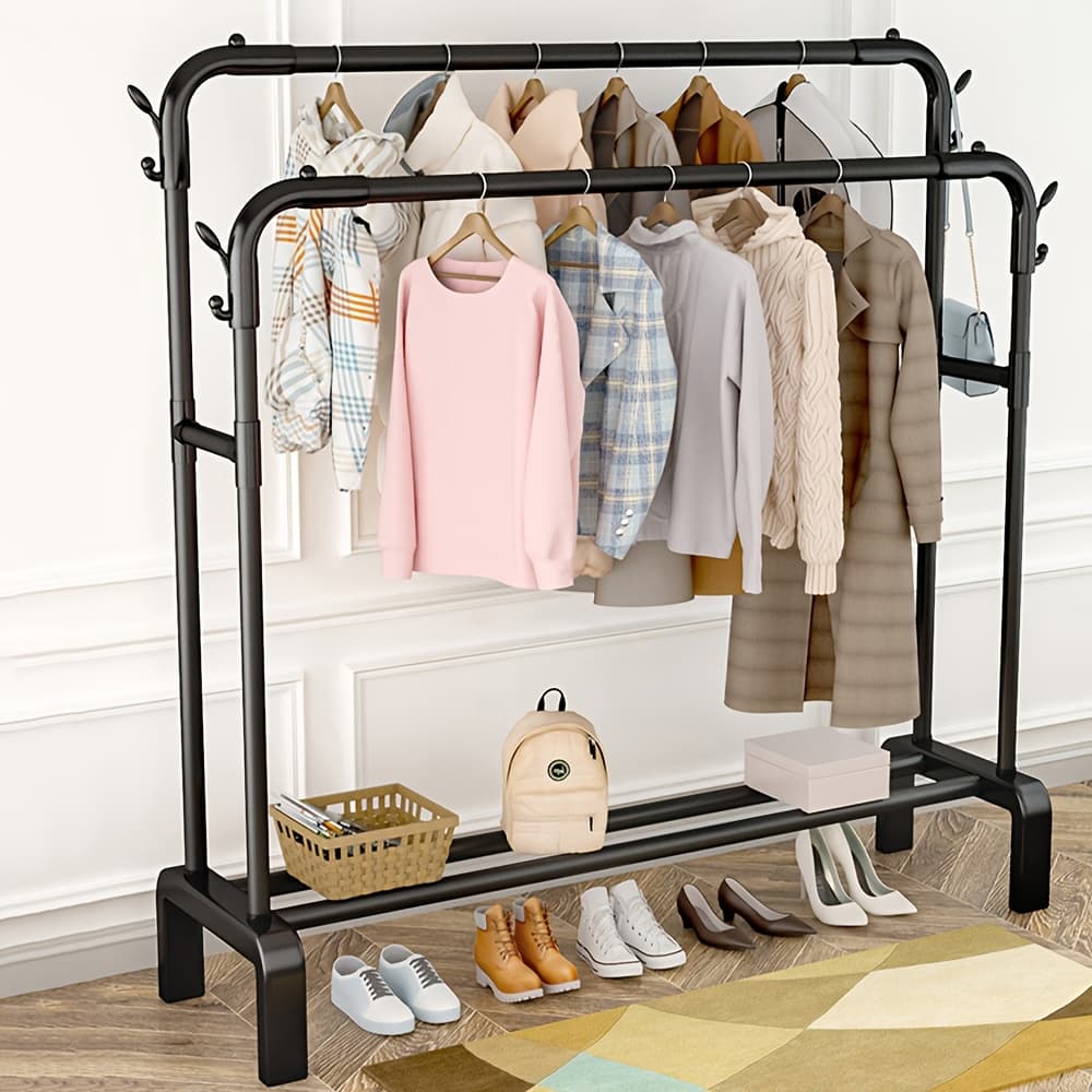 TEMU Multi Functional Double Row Clothes Hanger With Branch Hook Design, Used For Hanging Clothes, Hats, Bags, But For Storing Shoes, , Suitable For Simple Hangers In Bedrooms And