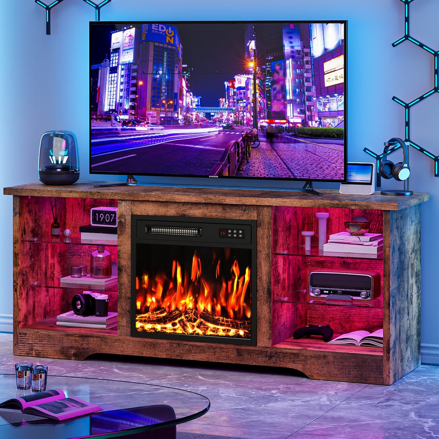 TEMU 58 Inches Fireplace Tv Stand For Tvs Up To 65 Inches Console With 18'' Electric Fireplace & Remote, Wooden Modern Entertainment Center For Living Room With Led Light Glass Shelves
