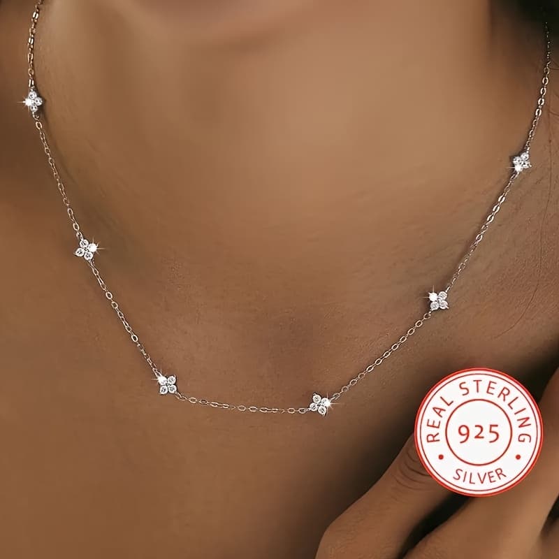 TEMU Unique And Cute 925 Sterling Silvery 2.7g Clover Necklace, With , Daily Multifunctional Jewelry
